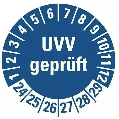 100 Stück – Mehrjahresprüfplakette „UVV geprüft | 24-29“ Etikett Folie Aufkleber, blau | Ø15-40mm Made in Germany, Größe: Ø20 mm