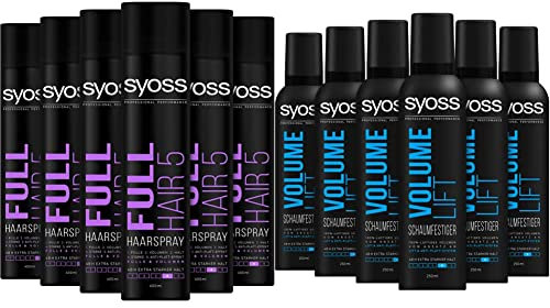 Syoss Haarspray Full Hair 5 Haltegrad 4 (6 x 400 ml), Styling Spray für sichtbare Fülle und Haarverdickungs-Effekt, bis zu 48 h Halt & Schaumfestiger Volume Lift Haltegrad 4 Extra Stark (6 x 250 ml)