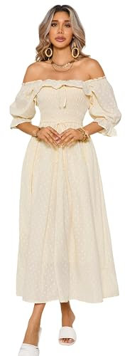 R.Vivimos Women's Polka Dot Slim Half Sleeve Puff Flare Sleeve Square Neck Tie Long Midi Dress (Medium,Beige#2)