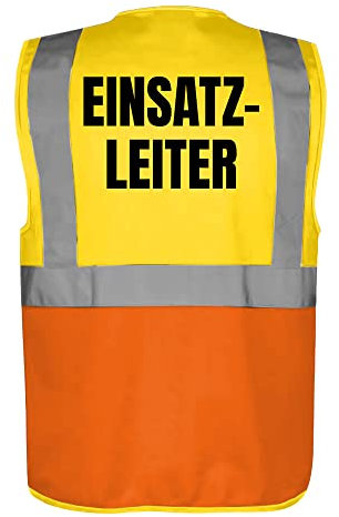Fassbender-Druck WARNWESTEN - Sicherheitsweste GELB/ORANGE mit Taschen und Reißverschluss nach EN ISO 20471 zertifiziert - Warn Weste für EINSATZLEITER - Unisex mit hochwertigem Reflektorstreifen