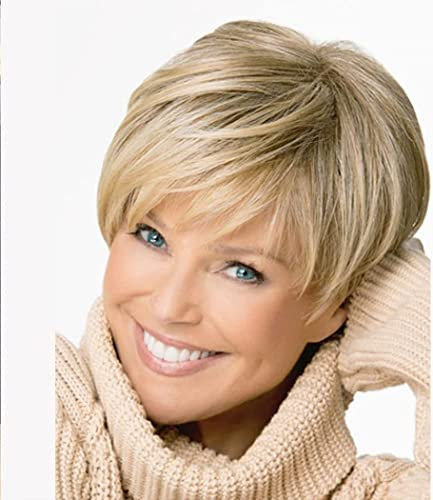 AIYLMZ Kurze gerade blonde Damen-Bob-Perücken, goldener Pixie-Schnitt, natürlich aussehende synthetische Perücken mit seitlichem Pony für Damen (Blond)