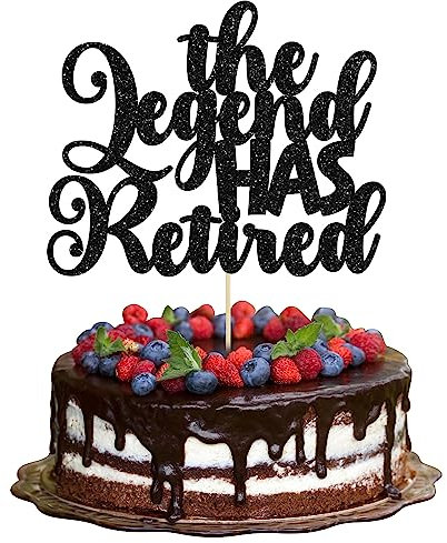 Gyufise 1Pc The Legend Has Retired Cake Topper Glitter Happy Retired Cake Pick Decorations for Funny Old Birthday Retirement Party Cake Decorations Supplies Black