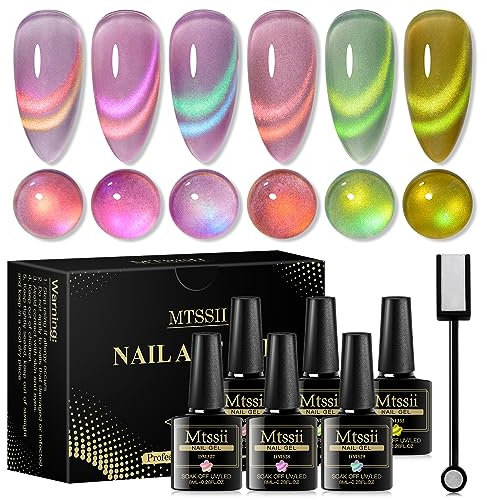 MTSSII Cat Eye Gel Nagellack Mode Chamäleon Magnetgel UV LED 6 Farben mit 1 Magnet Stick Gel Nagellack Set 7St (Seide Mondschein Katzenauge)