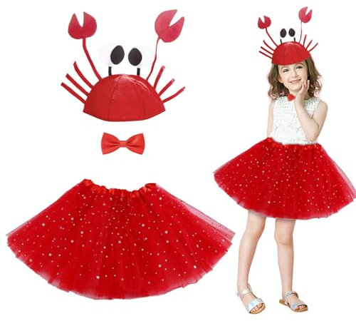 EUPSIIU 3 Stücke Krabben Hüte Halloween, Verstellbare Krabben Kostüm, Krabben Hüte mit Rot Fliege, Krabben Tutu-Kleid, Dress Up Party Kostüm, für Neujahr Weihnachten Ostern Dekoration Kostüm (Rot)