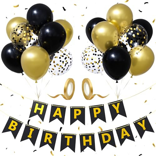 Happy Birthday Girlande,Schwarz Gold Geburtstagsdeko Banner mit 12 Zoll Metallisch Gold Latex Konfetti Luftballons, Geburtstagsparty Banner Dekorationen für Mädchen Jungen und Männer Frauen