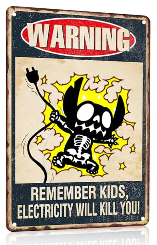 Funny Electricity Warning Signs Vintage Metal Tin Signs Garage Decor For Mens Remember Kids Electricity Will Kill You Sign Car Wall Art Man Cave Accessories Cute Stitch Sign Electrician Home Decor