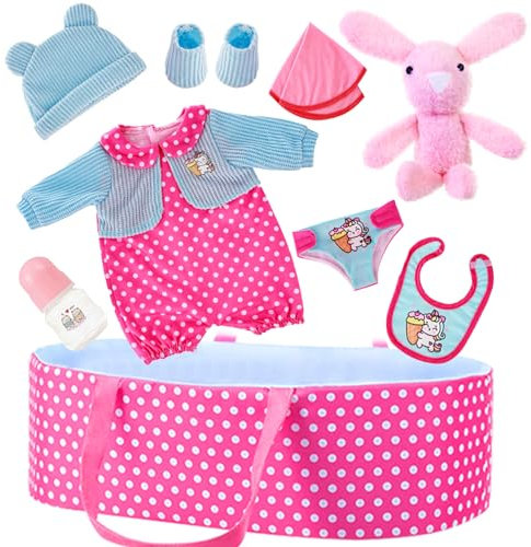 Xerteam Puppentragetasche zubehör, Puppenzubehör für Babypuppen, Kleid Spiel Set für 36cm Puppe mit Tragetasche, Decke, Puppenkleidung, Windel, Flaschen, Tolles Rollenspiel-Spielzeug für Kinder