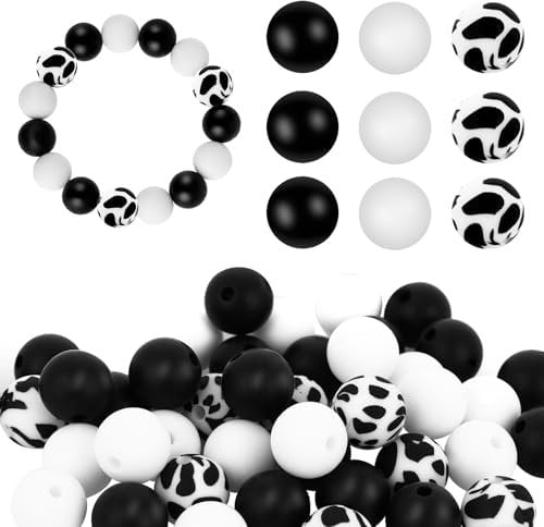 50Pcs Cow Print Silicone Beads, 12mm Cow Print Rubber Beads for Keychain Making, Bulk Black White Silicone Beads for Necklace Bracelet Making, Round Cow Spacer Beads for Jewelry Accessories DIY Crafts