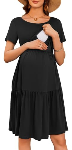 Ekouaer Nursing Dress Summer Short Sleeve Breastfeeding Casual Knee Length Maternity Dresses Black M