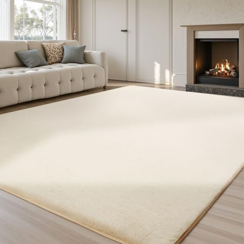 Sour Lemon Weiche Teppich Wohnzimmer, Glatt Teppich aus Kaninchenfell Kurzflor rutschfest,Anti-Rutsch Carpet für Schlafzimmer Raumdekoration,Teppichbereich 200x300cm (Creme, 275x370cm)