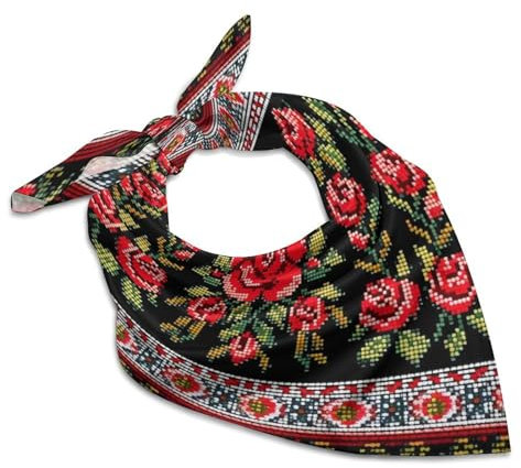 Ukrainischer Stickerei-Stil, Rosen-Seidenschal, modisches Satin-Kopftuch, leichtes Kopftuch für Hals, Seidenschals für Damen und Herren, Boho-Haarband, Halstuch, Halstuch, Bandana, Einstecktuch, 45,7
