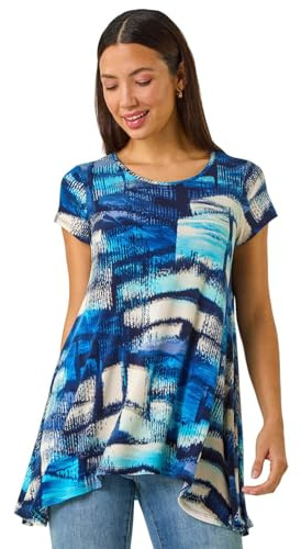 Roman Originals Hanky Hem Tunic Top for Women UK - Ladies Longline Blouse Asymmetric Hemline Short Sleeves Casual Slouch Loose Summer Spring Relaxed Comfortable - Blue Abstract - Size 12