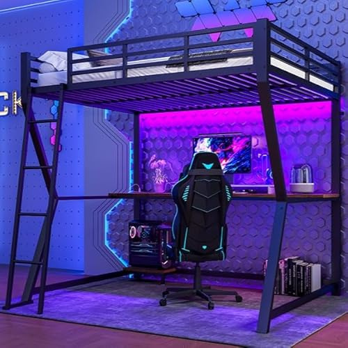 Biqzuya Hochbett für Einzelbett, 140 x 200 cm, mit LED-Beleuchtung und Netzstecker + USB, Etagenbett für Erwachsene mit Tablet, für Computer, Hochbett mit Schreibtisch, Rampe, Treppe, ohne Matratze
