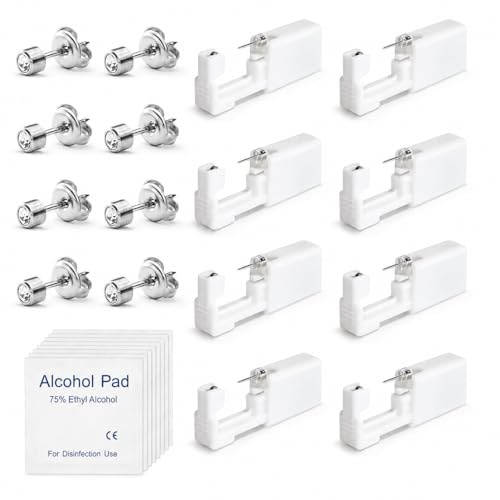 8 Pcs Ear Piercing Kit, Painless Disposable Ear Piercing Gun with 4mm Zircon Ear Studs & Alcohol Pads, 316 Stainless Steel Piercing Kit for Home Salon Use, Earrings for Women Men Girls Boys