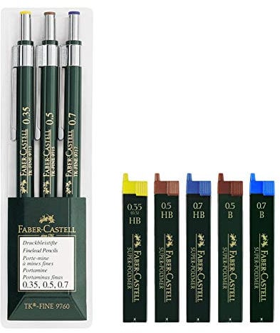 Faber-Castell 136030 - 3er Set Druckbleistifte TK-FINE 9760 | Minenstärken: 0,35 mm; 0,5 mm + 0,7 mm, Schaftfarbe: grün | Eco Bundle mit 5er Set Ersatzminen HB und B