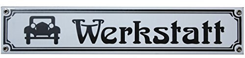 Auto Werkstatt Emaille Schild 8 x 40 cm Jugendstil Emailschild weiß.