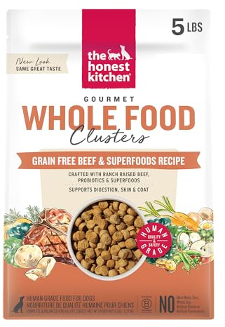 The Honest Kitchen Grain Free Beef & Superfoods Whole Food Clusters, Human Grade Dry Dog Food, Vet-Crafted Nutritional Support for Skin, Coat, Digestion & Overall Wellness, 5 lb Bag