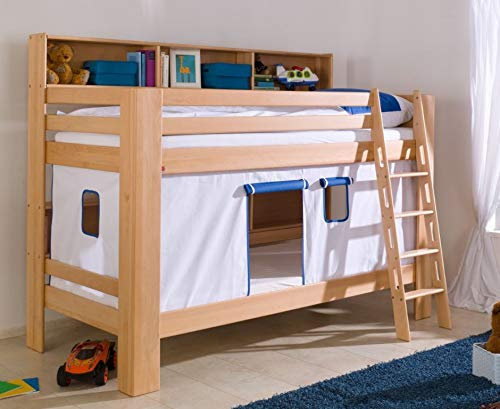 Froschkönig24 Etagenbett JAN Kinderbett Spielbett Bett mit Bücherregal Buche Weiß/Blau, Matratzen Oben/unten:ohne