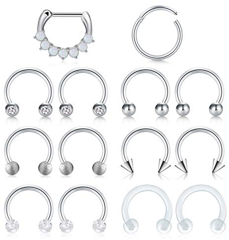 JFORYOU 14x Edelstahl Hufeisen Septum Ring Clicker Piercing 1.2mm Ohr Tragus Knorpel Helix Daith Lippe Nase Piercing Ring