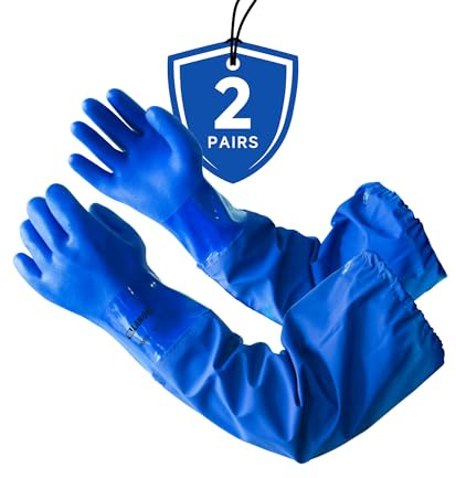 LANON 2 Pairs 26 Elbow Length PVC Chemical Resistant Gloves,Blue,Large | Waterproof,Long Sleeve Work Gloves,Cotton Liner(Excluding Sleeves),Non-Slip Grip,Heavy-Duty,Acid,Alkali & Oil Protection