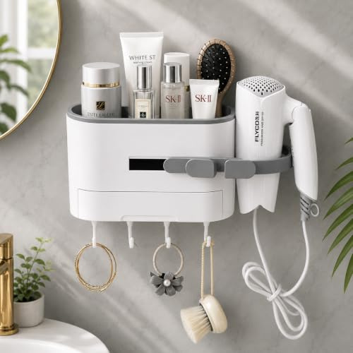 M.S.N Haartrocknerhalter, Kabelhalter, Badezimmer Organizer-aufbewahrung, Ohne Bohren Ablage Organizer Nagelfrei Selbstklebend Kein Schaden, Kunstsoff Wandhängend Für Badezimmer. (Grau)