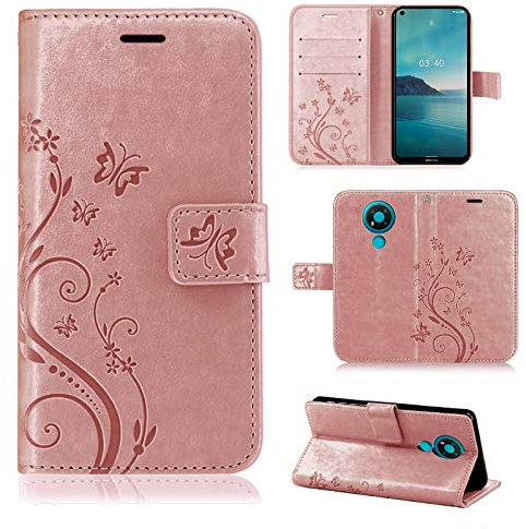 betterfon Hülle Kompatibel mit Nokia 3.4 | Premium PU Leder Handyhülle Wallet Case für 3.4 | Schutzhülle Blumen Klapphülle Handyhülle | Rosegold