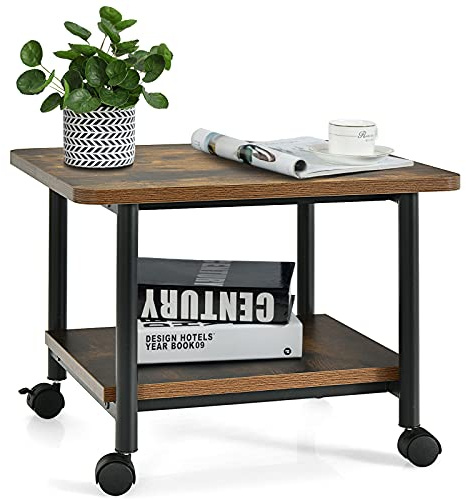 RELAX4LIFE Druckerständer mobil, Druckertisch mit 4 Universalräder(2 arretierbar), Druckerwagen mit 2 Ablagen, platzsparender Multifunktionswagen für Büro & Zuhause, Drucker Ständer Holz (Braun)