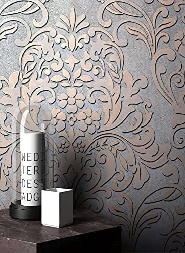 Newroom Tapete Grau Vliestapete Glänzend - Barocktapete Barock Gold Ornamente Prunk Glanztapete Glamour Metallic Beton-Optik inkl. Tapezier-Ratgeber