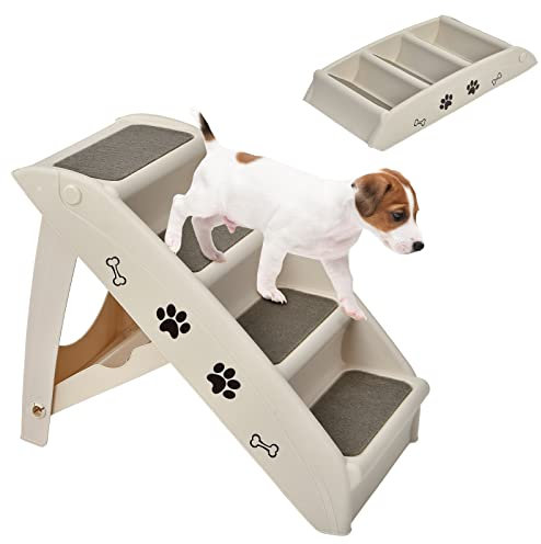 COSTWAY Escalier pour Chien Pliant à 4 Marches en Plastique Charge 60KG 64 x 39 x 49 cm Feutre Doux Structure Triangulaire Echelles pour Chiens et Chats (Beige)