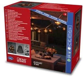 Konstsmide LED Biergartenketten System Basis-Set, inkl. Dimmer, E27, 10 klare Birnen/bernsteinfarbene Dioden, 24V, Außen (IP44), schwarzes Kabel - 2333-870