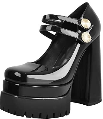 Only maker Plateau Mary Jane mit Riemchenschnallen Halbschuhe Blockabsatz Riemchenpumps Gothic Pumps Schwarz EU 36