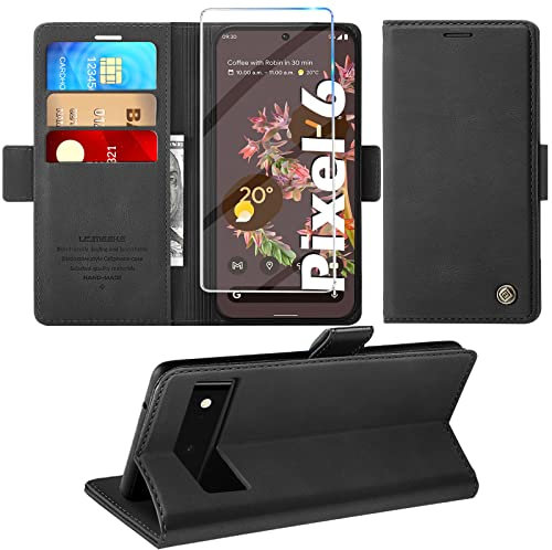 Handyhülle für Google Pixel 6 Mit Schutzfolie, Standfunktion, Kartenfach - Premium Leder Schutzhülle Mit Flip Case Cover, Stoßfeste Klapphülle (Schwarz)