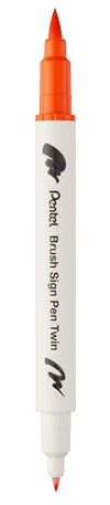Pentel SESW30C-T107E Brush Sign Pen Twin Fibre-Tip Pen with Two Flexible Writing Tips, Water-Based Ink, Orange, Pack of 1