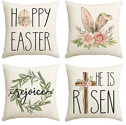 Artoid Mode Happy Easter Hasenohren Ostern Kissenbezüge 4er Set, 45x45 cm Frühling Zierkissenbezug Couch Wohnzimmer Deko