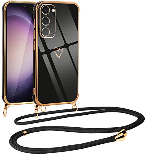 Vauki Coque Collier pour Samsung S23 avec Cordon, Galvanisé Etui Housse avec Motif Coeur d'amour, Antichoc Anti-Rayures Case avec Bandoulière pour Samsung Galaxy S23 6.1, Nior