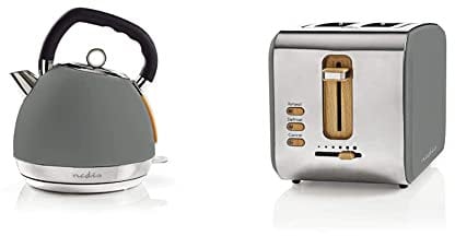 Nedis Elektrischer Wasserkocher, 1,8 l, weich, Grau & Toaster | Soft Touch Serie | 2 Steckplätze | Bräunungsstufen: 6 | Auftaufunktion | Grau