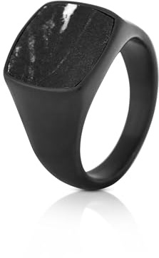 Akitsune Opus Ring | Design-Ring Frauen Herren Edelstahl Groß Minimalistisch Siegel - Marmor Mattschwarz - Laboradite - US 10