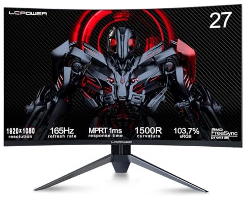 LC-Power 27 Inch Curved Gaming Monitor FHD 1920 x 1080, 165hz, 1ms, 1500R, VA Screen, AMD FreeSync Premium, HDR Ready, DisplayPort, HDMI, Wide Color Gamut, Less Blue light, Black