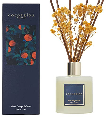 Cocorrína Raumduft Reed Diffuser mit 8 Duftstäbchen 200ml- Süße Orange Zedernholz, Natürlich, Langanhaltend, Home Duft ätherisches Öl Reed Diffusor für Badezimmer Regal Dekoration