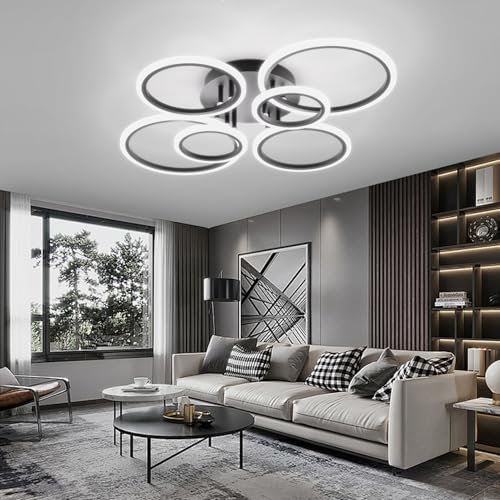 Deckenlampe Led mit Fernbedienung & APP, Decken Lampen mit 6 Ring, Dimmbar, Licht Memory Funktion mit Timer, Moderne Deckenleuchte Rund Wohnzimmer Flur Schlafzimmer, Schwarz