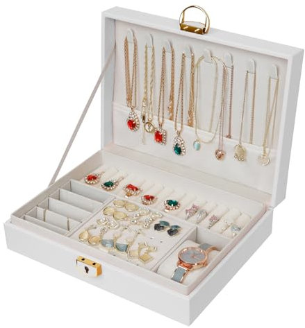 Mangotree Jewelry Box Organizer für Frauen/Mädchen, große PU-Leder-Schmuck Aufbewahrungsbox, Geschenkidee, abschließbare Schmuckhalter für Ringe, Ohrringe, Uhren, Halsketten, Armbänder (weiß)