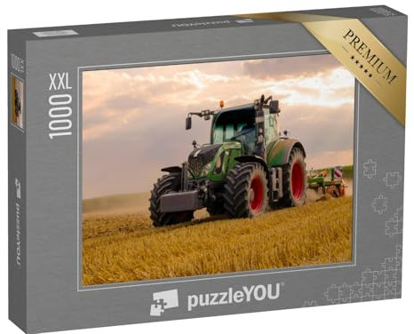 Puzzle 1000 Teile XXL „Grüner Traktor pflügt EIN Getreidefeld, Himmel mit Wolken“ – aus der Puzzle-Kollektion Traktoren