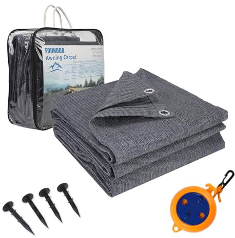 FoundGo Vorzeltteppich mit Ösen [280g/m² HDPE] Camping Teppich Outdoor Vorzeltboden inkl. Tragetasche 8 Stahlnägel & Wäscheleine Blau/Grau