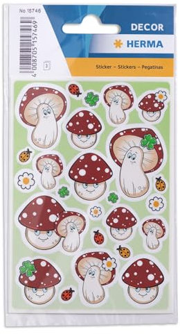 HERMA 15746 Aufkleber Glückspilz klein groß, 75 Stück, Glück Sticker mit Kleeblatt Marienkäfer Fliegenpilz Blumen, Etiketten für Fotoalbum Hochzeit Tagebuch Scrapbooking Geburtstag Liebe Deko Briefe