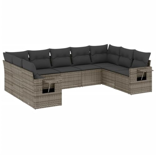 vidaXL Garten Sofagarnitur mit Kissen 9-TLG., Gartenmöbel Gartengarnitur, Sitzgruppe Sitzgarnitur, Lounge Sofa Garnitur Terrasse, Grau Poly Rattan