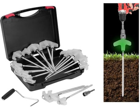 lesolar 20PCS Screw in Tent Stakes, 8inch Glow in The Dark Metal Heavy Duty Tent Pegs, Threaded Tent Spikes with Hex Head Adapter, Pull Hook and Carry Case for Camping Garden Decoration