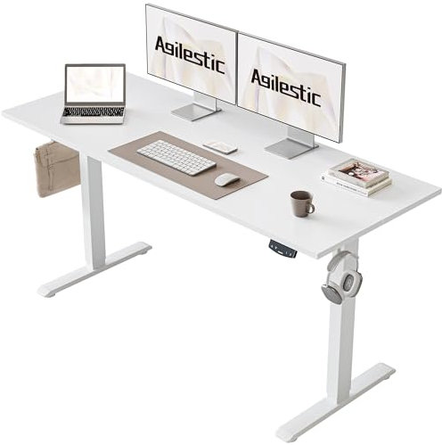 Agilestic Höhenverstellbarer Schreibtisch 140 x 60 cm, Stabiler Schreibtisch Höhenverstellbar Elektrisch mit Memory-Handsteuerung, Ergonomischer Steh-Sitz Tisch Computertisch, Weiß