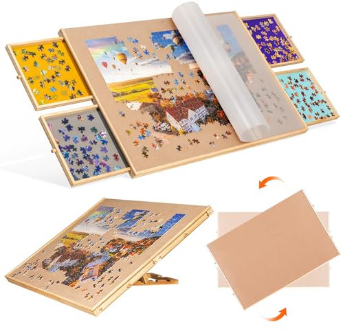 Becko US 1500-piece Tilting & Rotating Puzzle Board with 4 Colorful Drawers & Cover, 2-in-1 Jigsaw Puzzle Table with Built-in Easel/Stand & Lazy Susan, Portable Tables with Storage for Adults