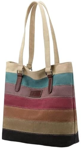 SNUG STAR Handtasche Damen,Canvas Tasche Damentasche Multi-Color-Striped Umhängetasche Damen Groß Schultasche Canvas Shopper Tasch Muttertag Geschenk Hobo Bag (K stylen)