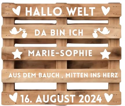 Aufkleber für Palette zur Geburt eines Babys, Palettenaufkleber personalisiert mit Namen und Datum, Schwarz oder Weiß, passend für Europalette, Dekoration Diy Geburtsanzeige, Klebeschrift